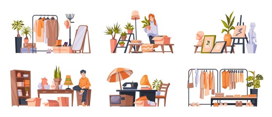 Garage sale. Retro furniture on goods yard flea market. People on fair with clothes and stuff. Selling pictures and antiques. Used merchandise. Secondhand shops. Vector bazaar banners set