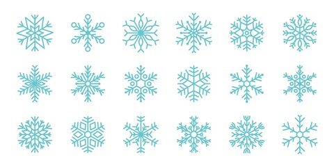 Winter snowflake. Christmas symmetric crystal snow. Frozen flake in line style. New Year holiday decoration. Cold weather abstract symbols set. Frost blue signs. Vector illustration