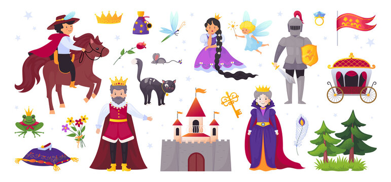 Medieval fairytale characters. Cartoon enchantress with castle. Prince and princess. Knights legend battle. King and witch. Fantasy kingdom. Vector fiction story illustration elements set