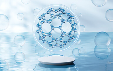 Molecule with water surface background, 3d rendering.