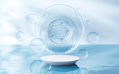 Molecule with water surface background, 3d rendering.