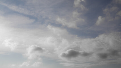 Blue sky white cloud background. sunlight day with sky wallpaper backdrop. mockup nature landscape free space backdrop. card or poster for environment protection.
