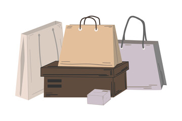Shoe boxes and paper bags. Cartoon purchases packages composition. Gift and shopping cardboard containers. Hand drawn boutique packaging. Store discount. Vector merchandise packets
