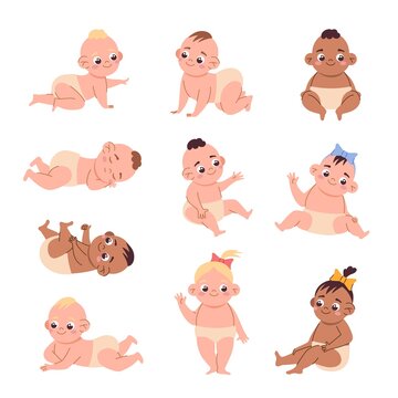 Cute baby. Cartoon newborn boys and girls in diapers. Toddlers sleeping or playing. Happy infants with faces and hairs. Human age. Children sitting and crawling. Vector kids poses set