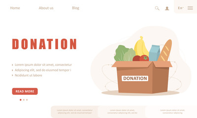 Food donation landing page template. Cardboard box full of different products. Volunteering and social care concept. Support for poor people. Vector illustration in flat cartoon style.