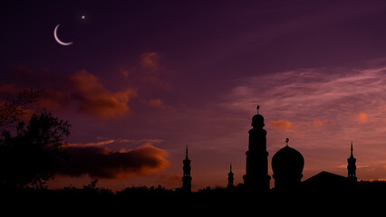 Fototapeta premium Mosques Dome on dark night with Crescent Moon on black background. New year Muharram, Eid al-fitr, Eid al-adha. Religion symbol islamic Ramadan.