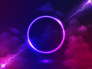 Neon circle, glowing round frame, pink blue neon light, Electric Lightning, confrontation or fight...