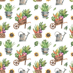 Organic farm vegetables, gardening and horticulture watercolor seamless pattern. Background with watering cans, vegetables, sunflowers and garden equipment. 
