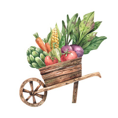 Cart with vegetables watercolor illustration isolated on white background. Wooden farm cart with carrots, corn, beets, peppers and herbs. Farmers market, horticulture illustration.