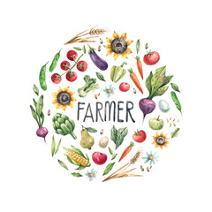Watercolor illustration of natural vegetables and fruits with the text "farmer". Set of food in circles: pumpkin, beets, sunflowers, tomatoes, corn, greens, carrots and others. Farmers market, organic
