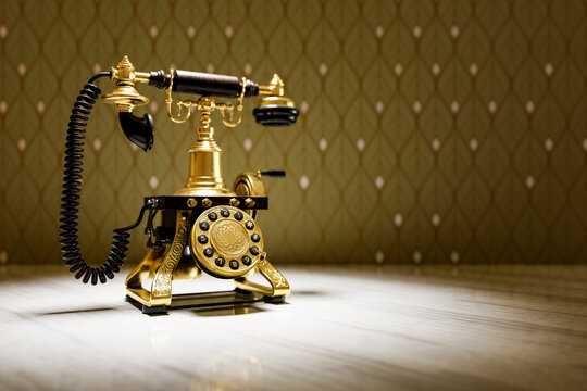An old-fashioned telephone is rendered in 3D on a white marble table against a vintage wall backdrop.