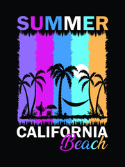 Summer beach California vector trendy design for t shirt, summer beach background, summer beach poster with palm trees silhouettes, typography, print, vector illustration
