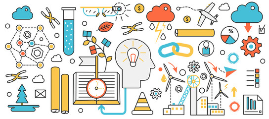 Modern business technology. Abstract human head with bright light bulb, creative ideas for science, education and sustainable energy development in infographic concept banner, thin line art design