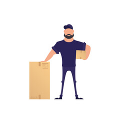 Man with a box. Delivery concept. Isolated on white background. Vector.