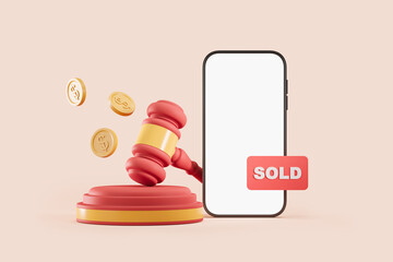 Smartphone and auction gavel with coins on light background, online sale. Mockup - obrazy, fototapety, plakaty