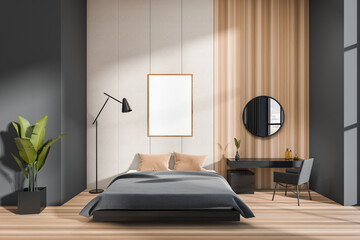 Modern bedroom interior with bed, armchair and decoration. Mockup frame