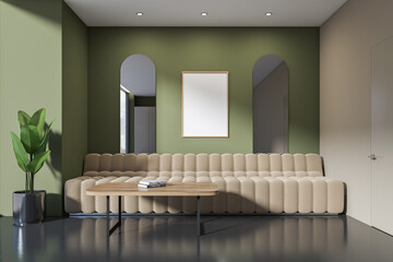 Dark waiting room interior with sofa in office hall, mockup frame