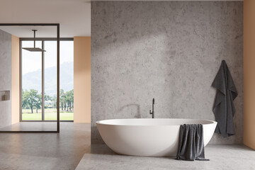 Fototapeta na wymiar Bright bathroom interior with bathtub, shower and panoramic window