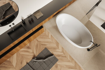 Top view of light bathroom interior with bathtub and sink, carpet