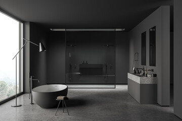 Grey bathroom interior with sink, shower and bathtub near panoramic window