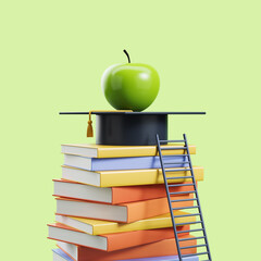 Stack of books, graduation cap and apple on light background