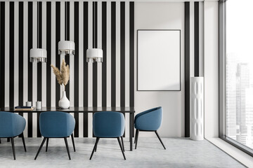 Dining room interior with table and chairs, black and white stripes wall © ImageFlow