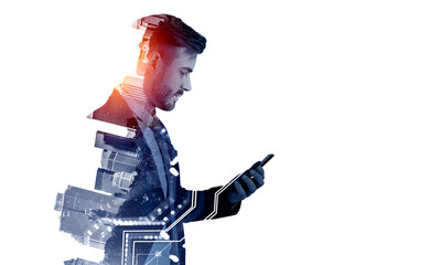 Businessman with smartphone, digital connection and skyscrapers. Copy space