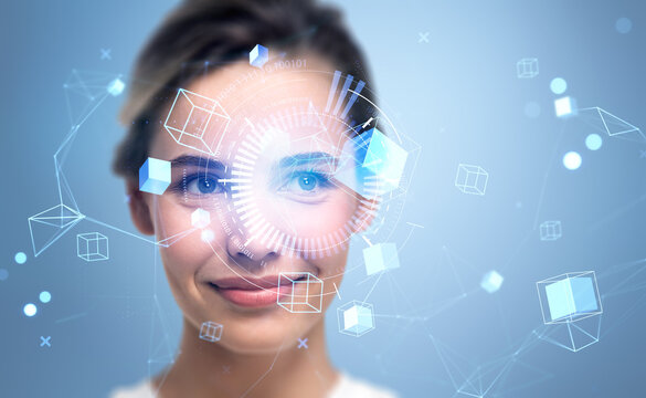 Smiling woman and data blocks in cyberspace, metaverse and virtual reality