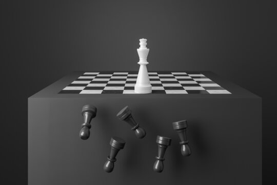 Chess board with black figures falling, check mate