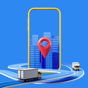 Smartphone with city building, truck on road and geotag