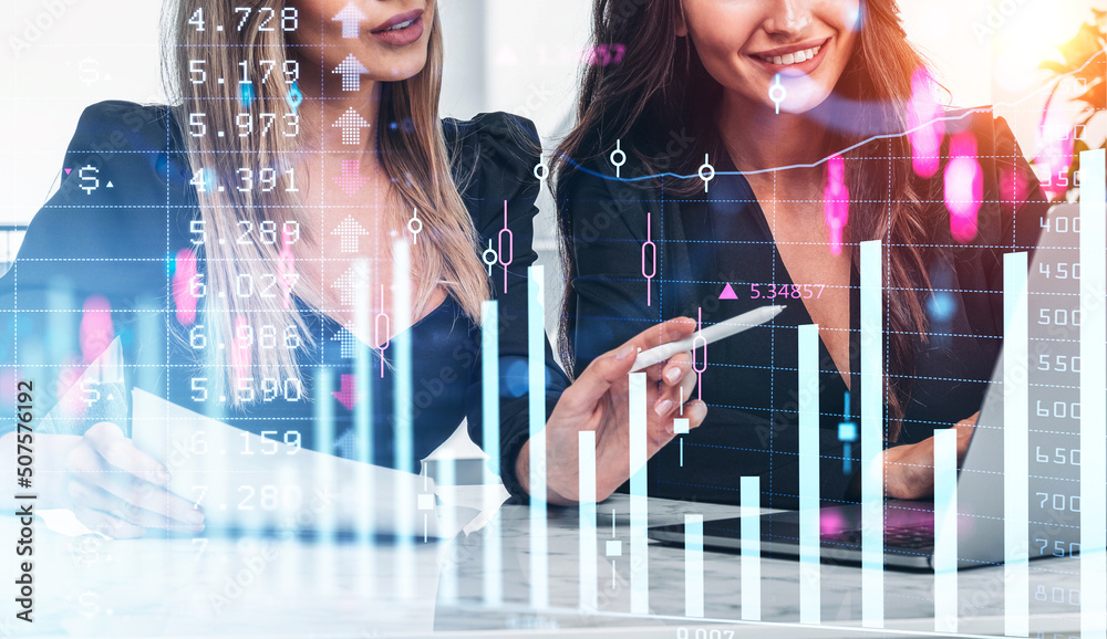 Wall mural businesswomen work together with laptop on table, forex diagrams