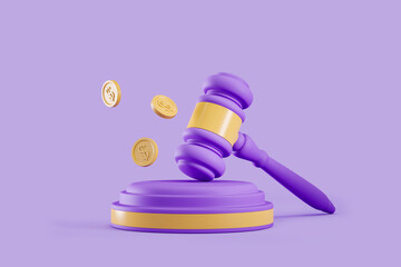 Auction gavel with coins on violet background, public sale - obrazy, fototapety, plakaty