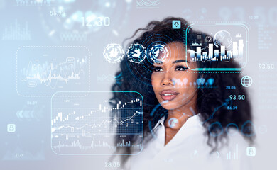 African woman and graph hud with chart, forex diagrams