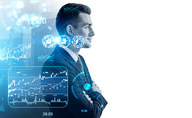 Businessman graph hud with chart, statistics and data, forex diagrams
