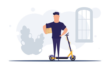 A male courier stands near a scooter and holds a box. Delivery concept.