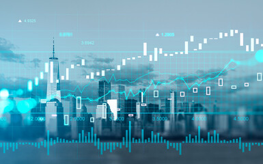 Forex graph changes, bar chart and lines. New York skyline