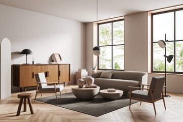 Relax room interior with couch and two armchairs, commode and window