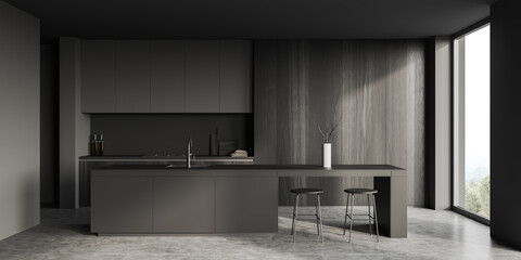 Grey kitchen interior with island and seats, shelves and kitchenware, window