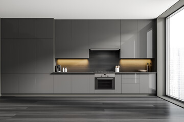 Grey kitchen interior with shelves and appliances, panoramic window