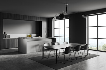 Grey kitchen interior with chairs and table, dining area and panoramic window