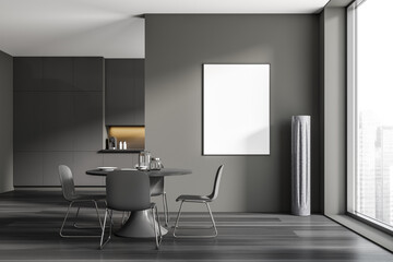 Dark kitchen interior with table and chairs, panoramic window. Mockup frame
