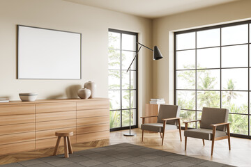 Living room interior with two armchairs and decoration, coffee table and mockup canvas