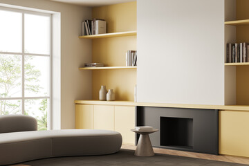 Light chill interior with couch and panoramic window, fireplace and shelf. Mockup