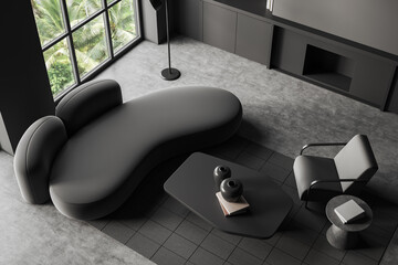 Top view of living room interior with couch and chair, fireplace and window