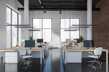 Office interior with pc computer and armchair, panoramic window on city view