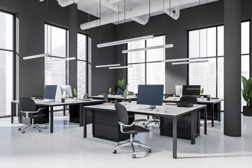 Business interior with table and pc computer, panoramic window on city view