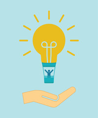 lightbulb air balloon with person and hand icon