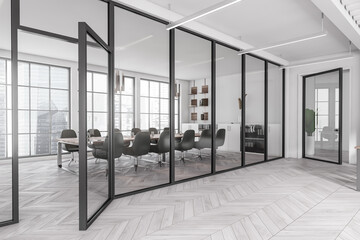 Light office room interior with chairs, board behind glass doors, panoramic window