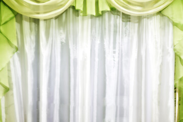 curtains on the window white background with green frame
