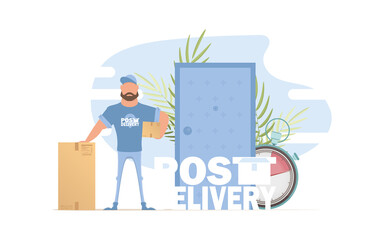 The package was delivered beneath the door by the courier. The concept of home delivery. The style is cartoonish.